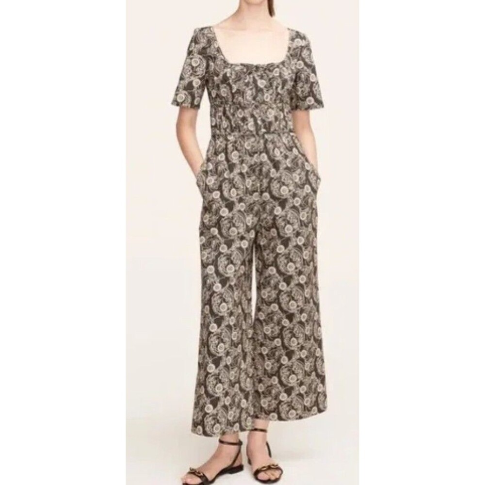 Rebecca Taylor Floral Print Wide Leg Jumpsuit Black Ivory Smocked size 4